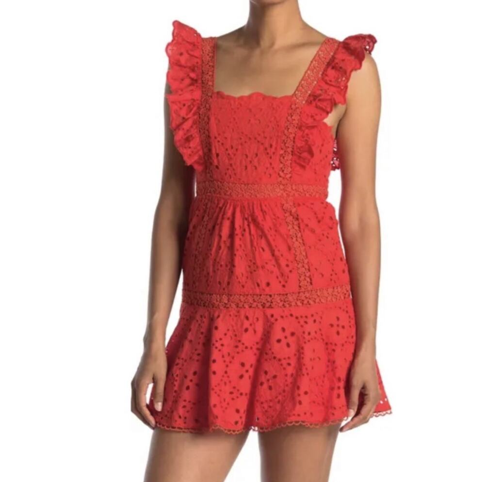 BETSEY JOHNSON Womens Coral Flutter Sleeve Square Neck Mini Fit Flare Dress 4